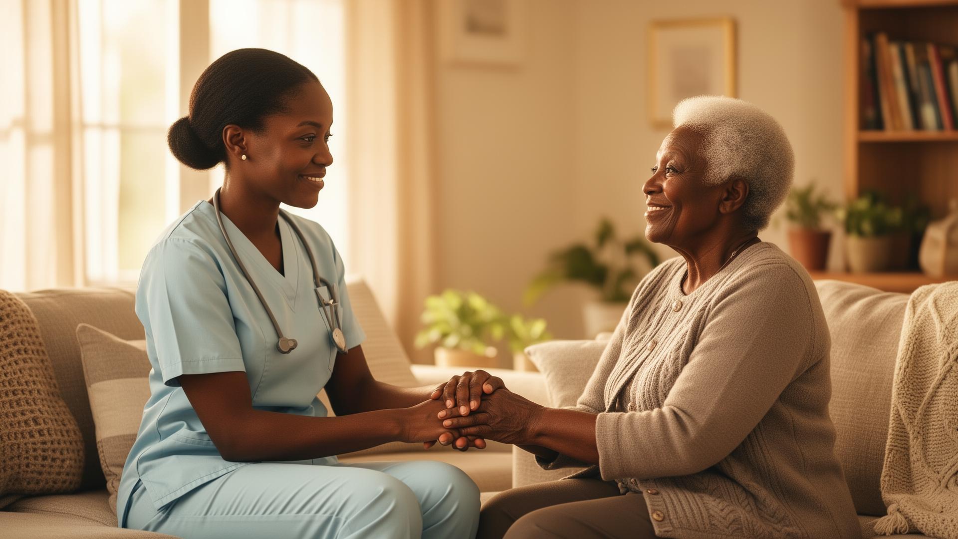Caregiver warmly holding hands with an elderly woman in a sunlit living room