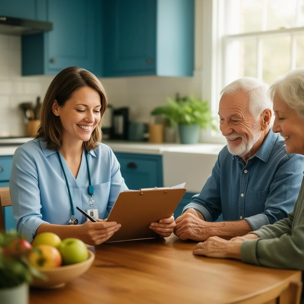 A care coordinator meeting with an elderly couple at their kitchen table to begin the home care assessment
